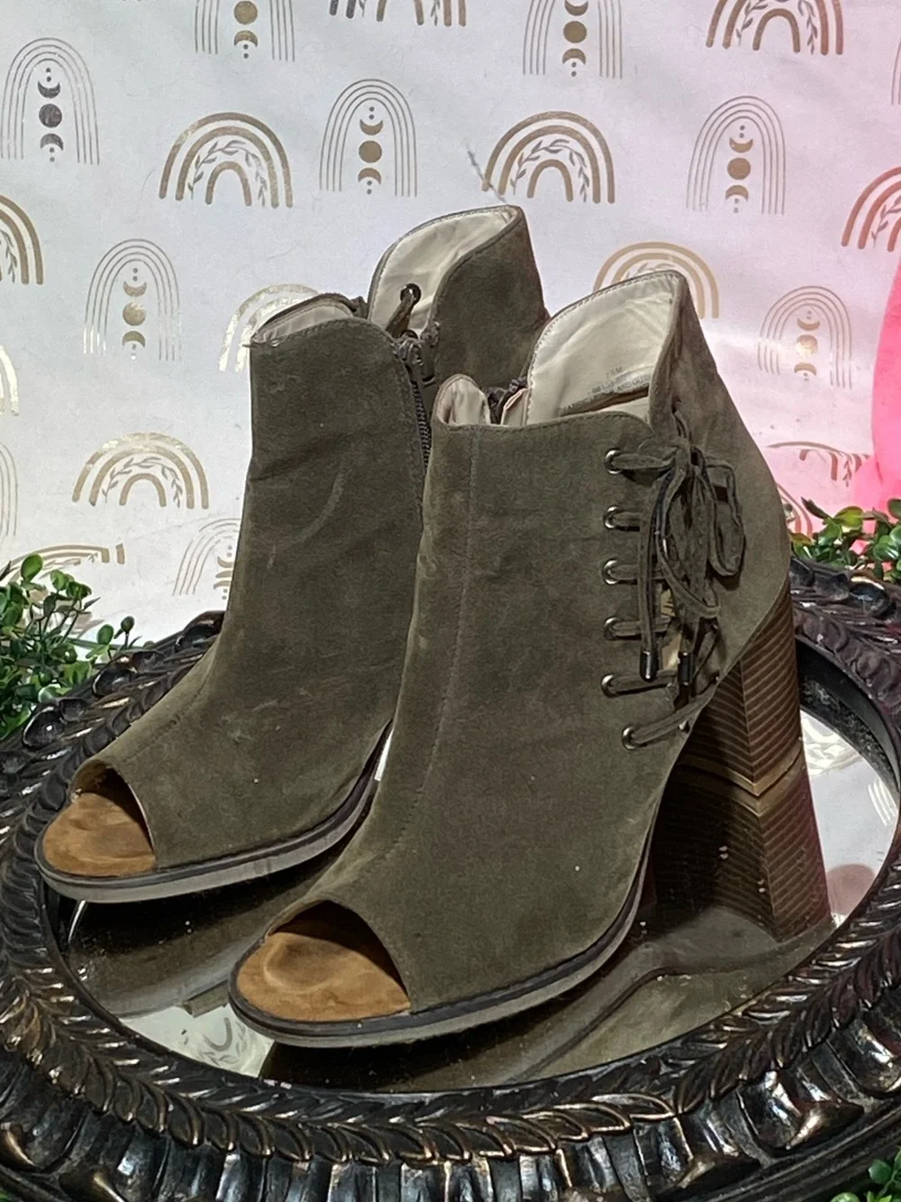 Maurices Olive Green Suede Peep-Toe Lace-Up Block Heel Booties